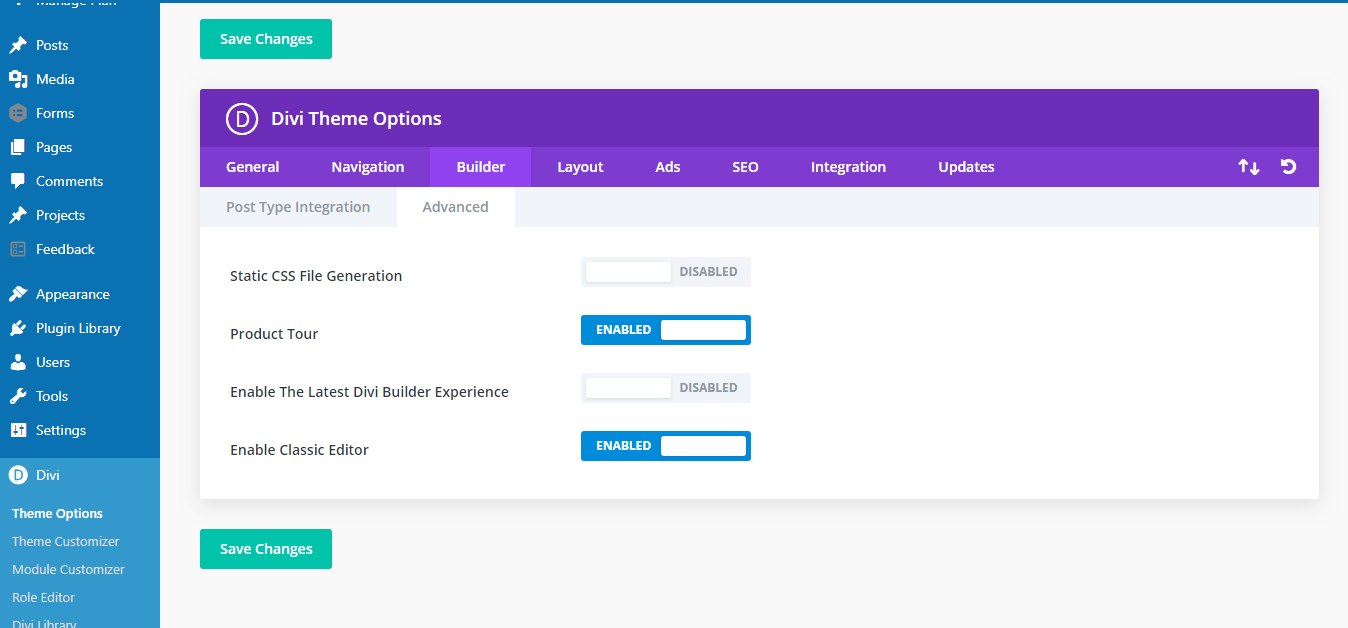 screenshot of Divi Builder options to revert back to Classic WordPress Editor