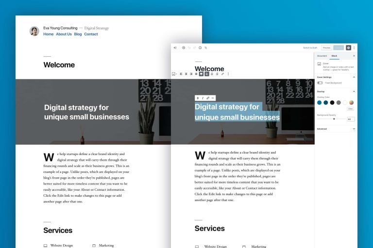 frontend and backend of the new WordPress Default Twenty Nineteen Theme